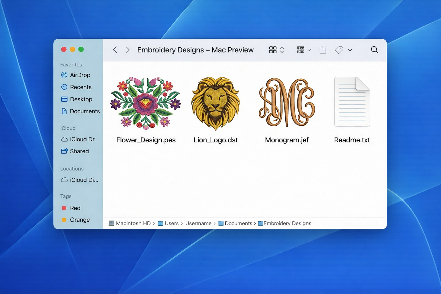 Mac Finder showing embroidery file thumbnails with automatic preview