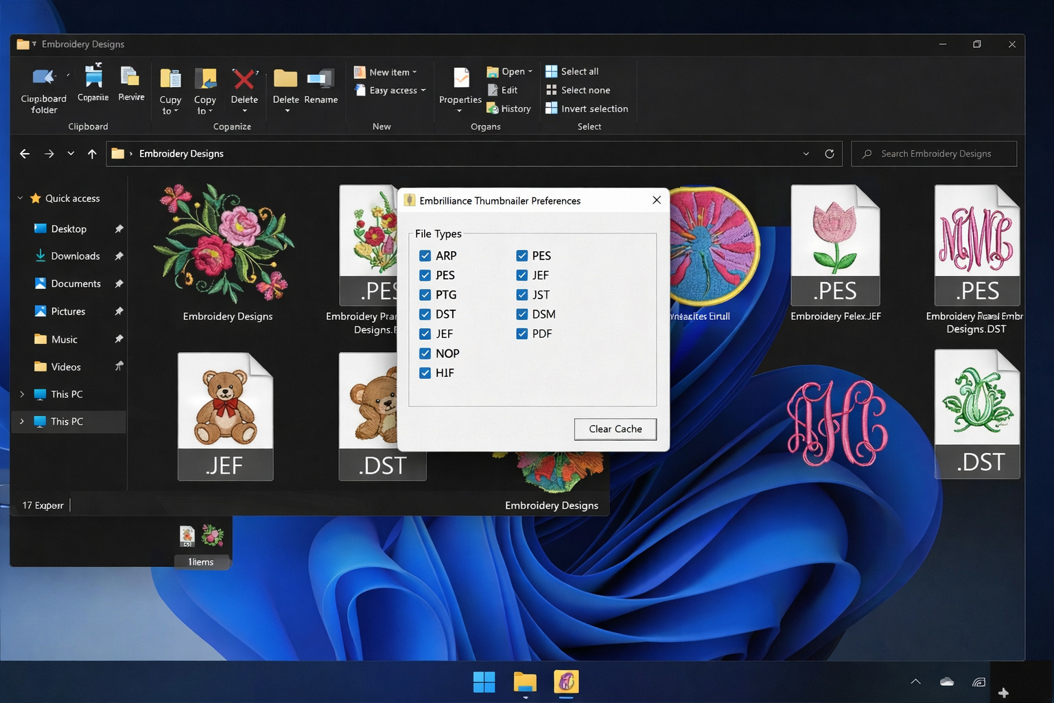 Embrilliance Thumbnailer preferences panel showing supported file format options