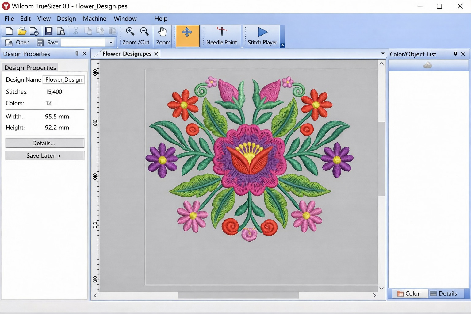 Wilcom TrueSizer interface showing embroidery design preview with stitch details