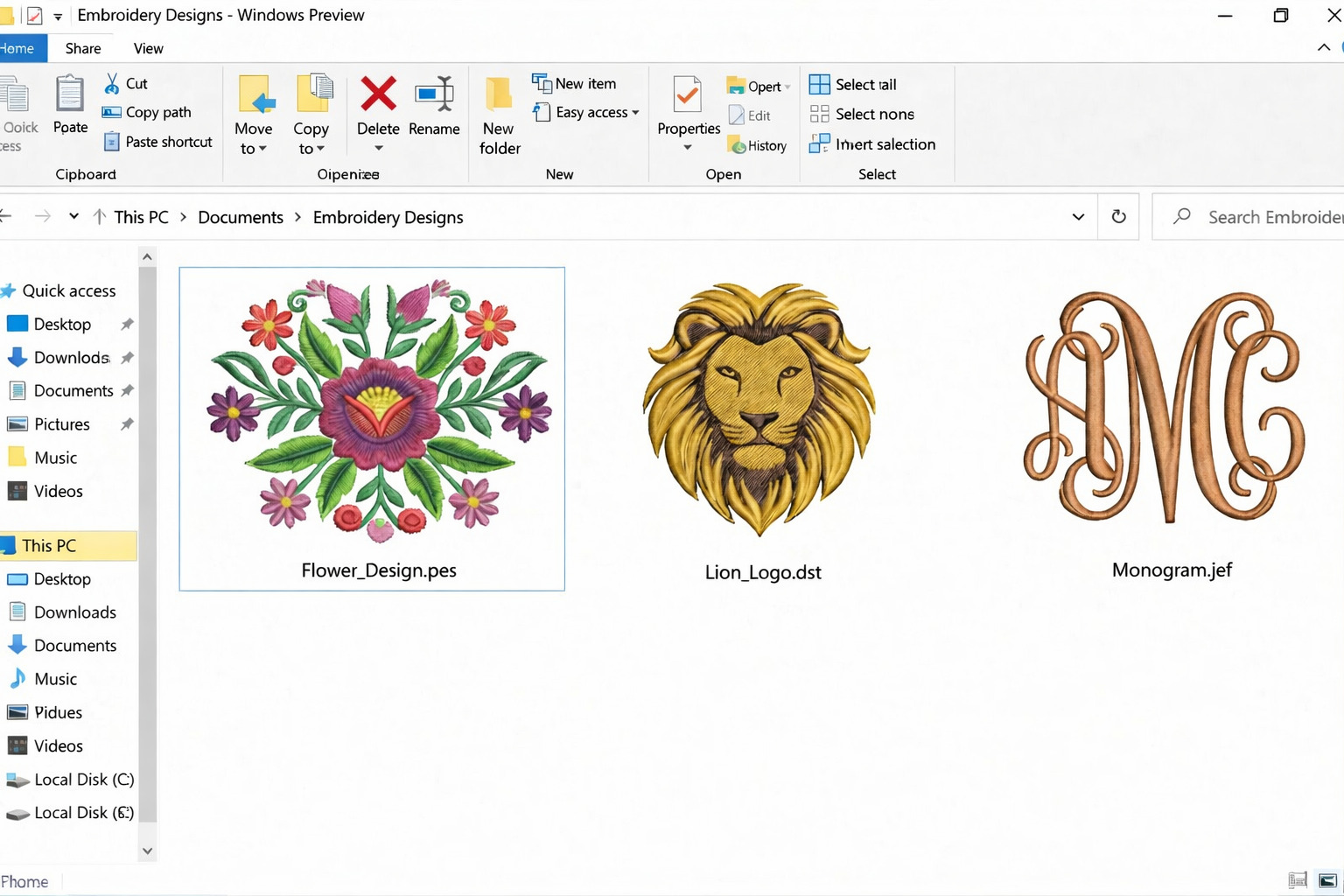 Embroidery file thumbnails showing PES, DST, and JEF files in Windows File Explorer